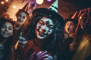 tieners vrienden in kostuums vieren en hebben pret Bij halloween feest. jong mensen Bij kostuums partij halloween viering concept door ai gegenereerd foto