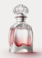 een hoog klasse fles van glas parfum met licht rood vloeistof. aromatisch parfum flessen Aan wit achtergrond. schoonheid Product, kunstmatig, parfum dag, geur dag of parfum lancering evenement door ai gegenereerd foto