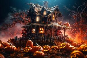 achtervolgd huis Aan halloween viering concept. spookachtig huis halloween achtergrond met uitgestorven gebouw en pompoen. eng huis met griezelig gebouw Bij nacht door ai gegenereerd foto