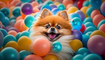 pluizig pommeren in een kleurrijk bal pit met honderden van ballonnen ai gegenereerd foto