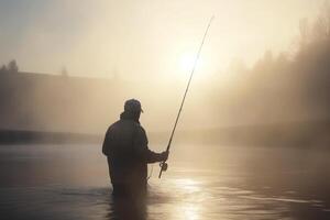 visvangst Bij dageraad visser in de nevelig meer met visvangst hengel ai gegenereerd foto