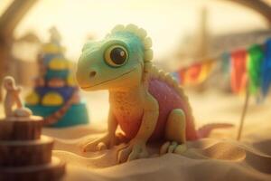 zanderig pret een schattig fotorealistisch tekenfilm kameleon spelen in de zand Bij een zanderig strand ai gegenereerd foto