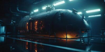 futuristische onderzeeër in onderwater- hangar met blauw licht Effecten ai gegenereerd foto