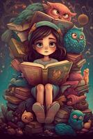 de boekenwurm avontuur een meisje en haar boeken in een magisch wereld ai gegenereerd foto