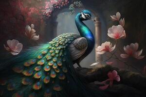 majestueus Chinese Pauw in een mooi tuin van bloesems ai gegenereerd foto
