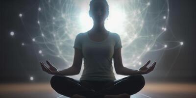 vinden vrede binnen vrouw mediteren in met gekruiste benen yoga houding ai gegenereerd foto
