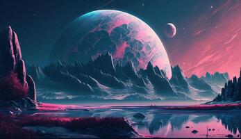 verkennen een buitenaards wezen landschap een roze planeet met enorm maan Aan de horizon ai gegenereerd foto