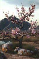 sereen Chinese landschap met roze bloeiende perzik boom ai gegenereerd foto