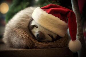 moe en uitgeput luiaard slaapt met de kerstman hoed tussen cadeaus Bij Kerstmis ai gegenereerd foto