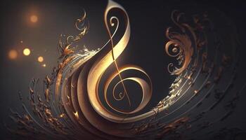 gouden melodie een levendig abstract muziek- sleutel met wervelende geluid golven ai gegenereerd foto