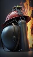 brand brandblusser en brandweerman helm met vlammen in achtergrond - essentieel veiligheid uitrusting in actie ai gegenereerd foto