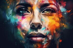 een oogopslag van warmte abstract portret van een vrouw met mooi Kenmerken in stoutmoedig en levendig kleuren gebruik makend van palet mes techniek ai gegenereerd foto