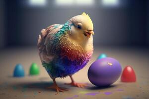 kleurrijk kip schilderij Pasen eieren in een bloemrijk weide ai gegenereerd foto