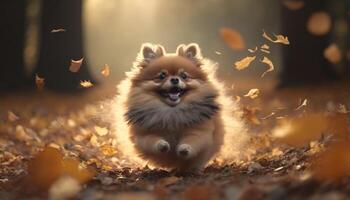 schattig pommeren hond spelen in een stapel van herfst bladeren ai gegenereerd foto