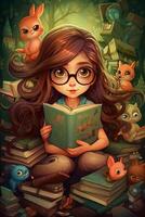 de boekenwurm avontuur een meisje en haar boeken in een magisch wereld ai gegenereerd foto
