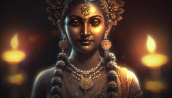 lakshmi de stralend Indisch godin van rijkdom en fortuin in artistiek heerlijkheid ai gegenereerd foto