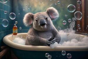 koala in een bad met zeep bubbels en schuim ai gegenereerd inhoud foto