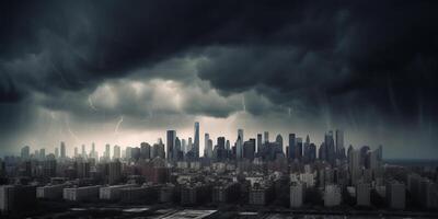 financieel storm stad horizon gedurende bank rennen met donder en bliksem ai gegenereerd foto