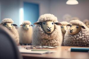 schapen nemen over- de kantoor een kudde van schapen in voorkant van een bureau ai gegenereerd foto