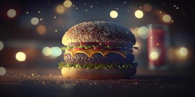 sappig Hamburger met bokeh achtergrond, heerlijk snel voedsel illustratie ai gegenereerd foto