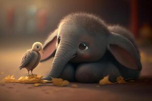 dromerige ogen baby olifant staren Bij een weinig vogel ai gegenereerd foto