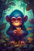 ondeugend aap nippen thee in betoverd oerwoud met groot ogen - kleurrijk grappig stijl illustratie ai gegenereerd foto