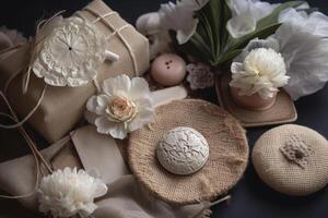 moeder dag geschenk bloemen arrangement met kaart Aan houten tafel in sepia toon ai gegenereerd foto