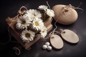 moeder dag geschenk bloemen arrangement met kaart Aan houten tafel in sepia toon ai gegenereerd foto