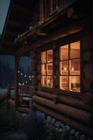 betoverend 's nachts visie van een knus houten cabine in de bergen ai gegenereerd foto