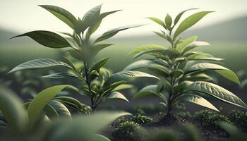 weelderig groen thee plantages temidden van de sereen schoonheid van natuur ai gegenereerd foto