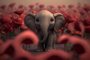 rooskleurig genot een schattig weinig olifant in een veld- van bloeiend rozen ai gegenereerd foto