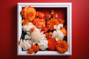 ingelijst oranje en wit bloemen bloesems Aan een levendig oranje achtergrond ai gegenereerd foto