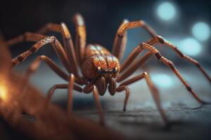 hyperrealistisch illustratie van een spinachtig insect lijkt op een bruin kluizenaar spin, macro visie ai gegenereerd foto