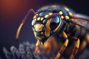 hyperrealistisch illustratie van een wesp-achtig insect, detailopname visie ai gegenereerd foto