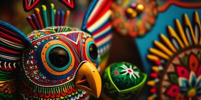 levendig Mexicaans kunst kleurrijk patronen, kleding, figuren, en ambachtelijke werk ai gegenereerd foto