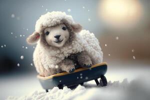 aanbiddelijk weinig schapen hebben pret rodelen in de besneeuwd winter wonderland ai gegenereerd foto