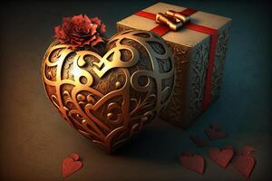 glinsterend gouden hart met ingewikkeld filigraan elementen en een geschenk in de achtergrond - Valentijnsdag dag kaart ai gegenereerd foto