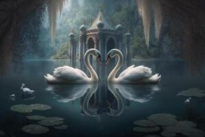 twee zwanen vormen een hart Aan een Chinese meer met een betoverend eiland in de achtergrond ai gegenereerd foto