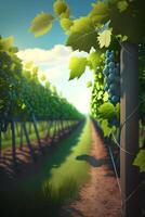 romantisch visie van een wijngaard met druiven en wijnstokken ai gegenereerd foto