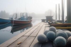 nevelig ochtend- Aan de pier visvangst uitrusting en boten ai gegenereerd foto