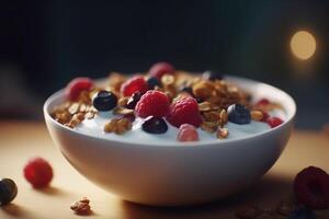 BES yoghurt parfait met knapperig muesli en vers bessen ai gegenereerd foto