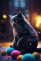 speels kat met kleurrijk wol ballen ai gegenereerd foto