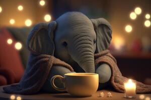 knus weinig olifant verpakt in een deken geniet een kop van heet cacao of thee in een comfortabel kamer ai gegenereerd foto