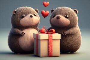 illustratie twee grappig mollen met harten en cadeaus Valentijnsdag dag bruiloft verjaardag moeder dag ai gegenereerd inhoud foto