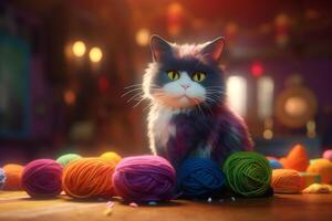 speels kat met kleurrijk wol ballen ai gegenereerd foto