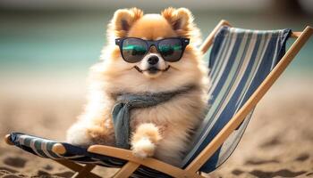 elegant pommeren hond loungen in een strand stoel vervelend zonnebril ai gegenereerd foto