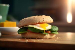 avocado, spinazie en gebakken ei belegd broodje Aan een vers brioche bun ai gegenereerd foto