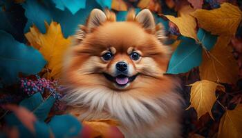 pommeren pup gluurt door een zee van kleurrijk herfst bladeren ai gegenereerd foto