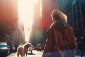 stad wandeling met hoektand metgezel een vrouw en haar hond temidden van wolkenkrabbers gedurende zonsondergang ai gegenereerd foto