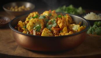 aloo gobi traditioneel Indisch schotel geserveerd stomen in een klei kom Aan een donker houten tafel ai gegenereerd foto